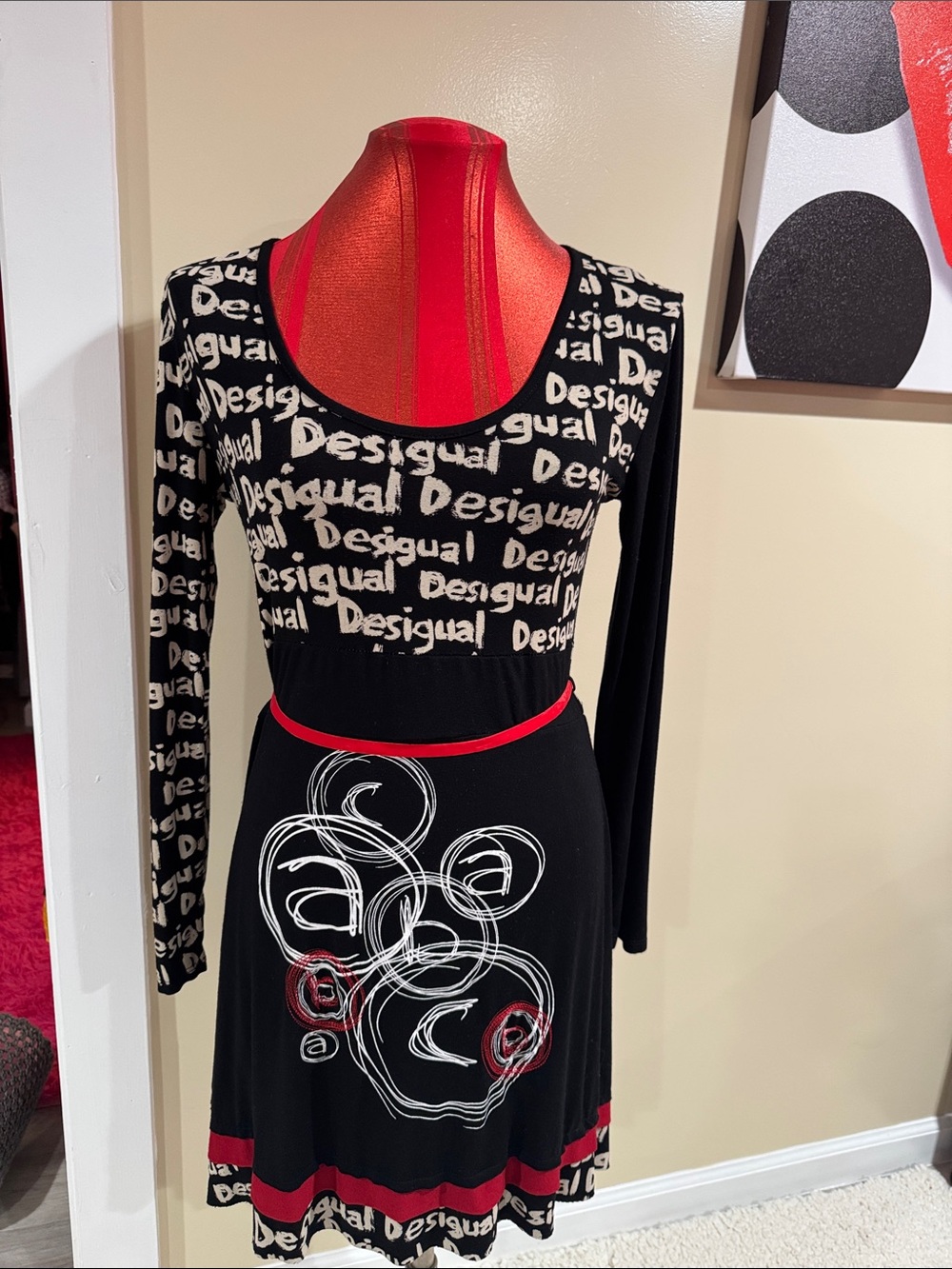 Desigual Black Dress with White Logo Print and Red Accents
